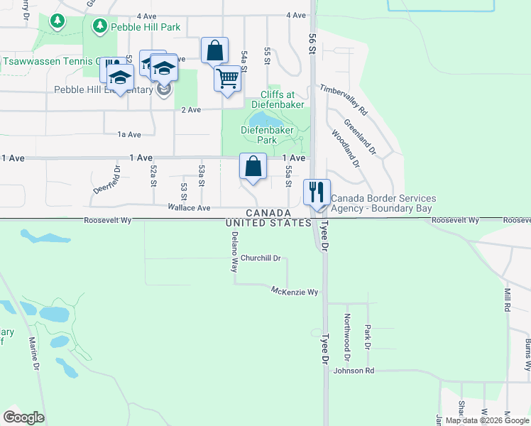 map of restaurants, bars, coffee shops, grocery stores, and more near 5500 Wallace Avenue in Delta