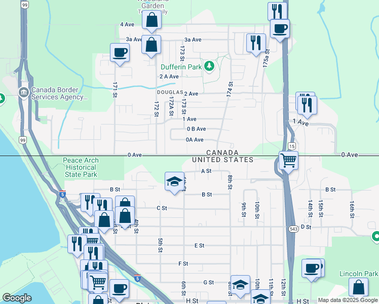 map of restaurants, bars, coffee shops, grocery stores, and more near 17307 0 Avenue in Surrey