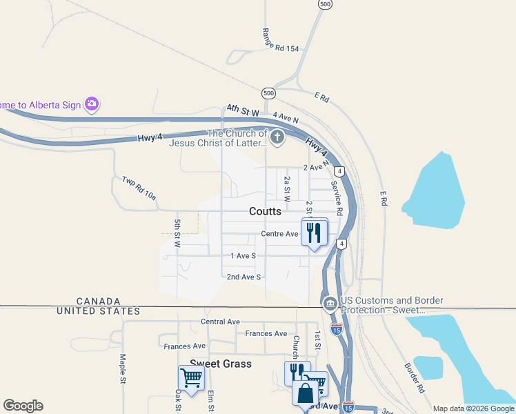 map of restaurants, bars, coffee shops, grocery stores, and more near 306 1 Avenue North in Coutts