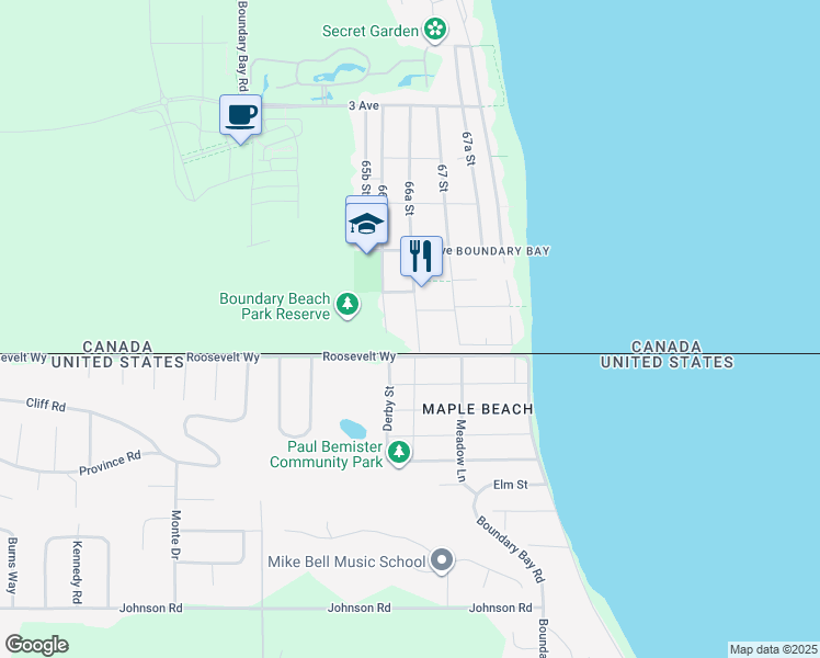 map of restaurants, bars, coffee shops, grocery stores, and more near 33 66A Street in Delta