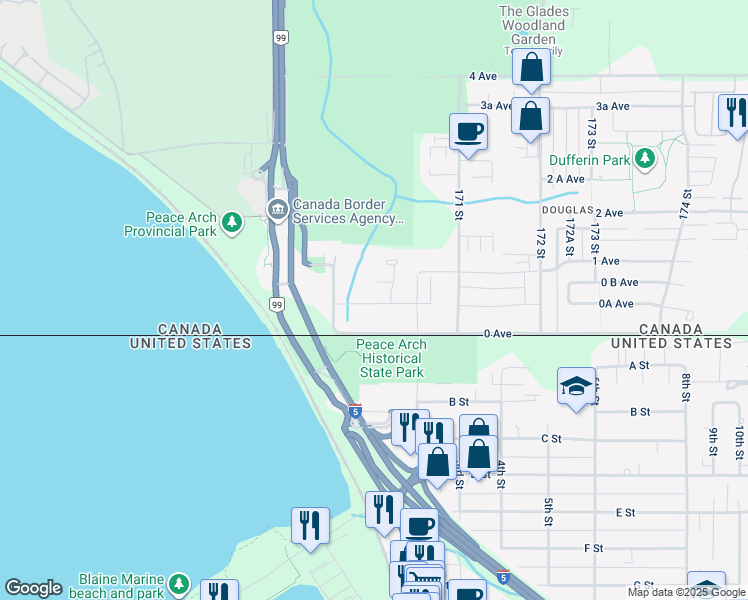 map of restaurants, bars, coffee shops, grocery stores, and more near 16935 0A Avenue in Surrey