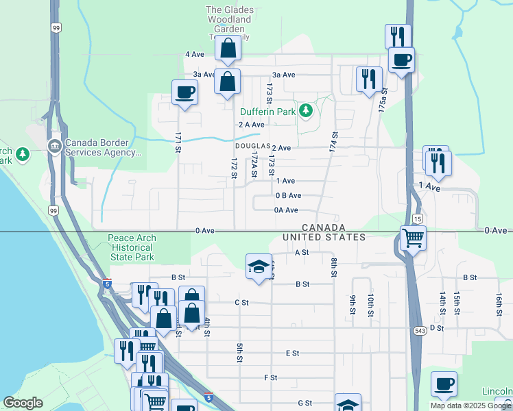 map of restaurants, bars, coffee shops, grocery stores, and more near 17263 0A Avenue in Surrey