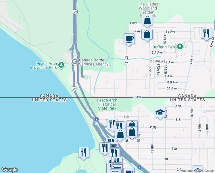 map of restaurants, bars, coffee shops, grocery stores, and more near 16935 0A Avenue in Surrey