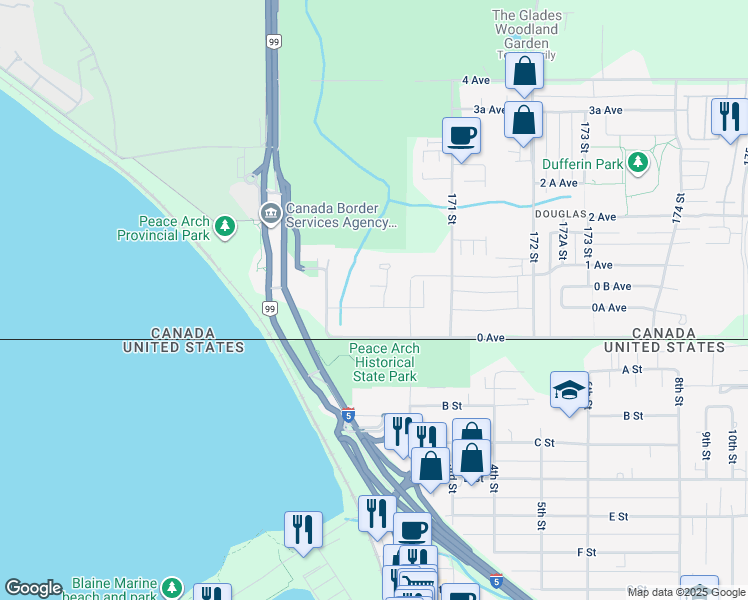 map of restaurants, bars, coffee shops, grocery stores, and more near 16943 0A Avenue in Surrey
