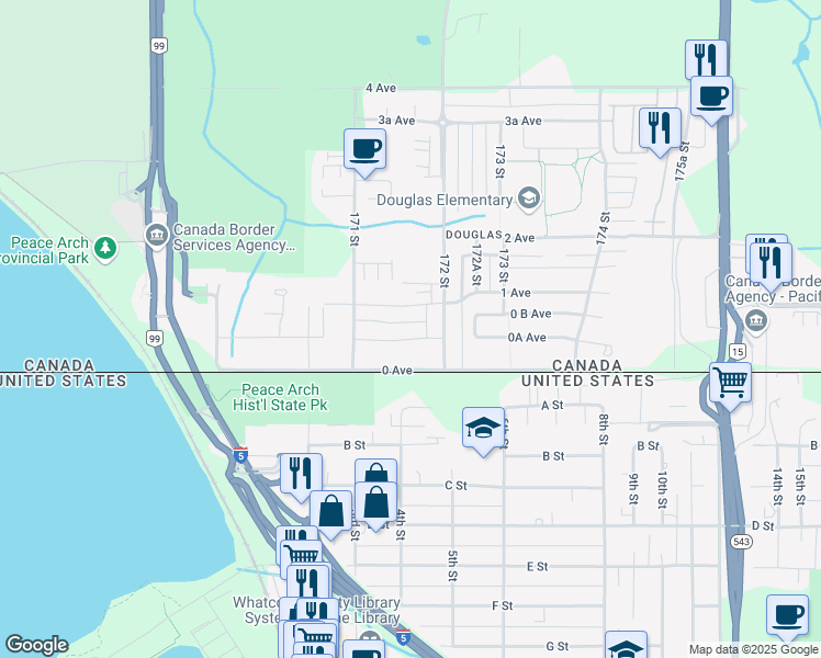 map of restaurants, bars, coffee shops, grocery stores, and more near 17163 0A Avenue in Surrey