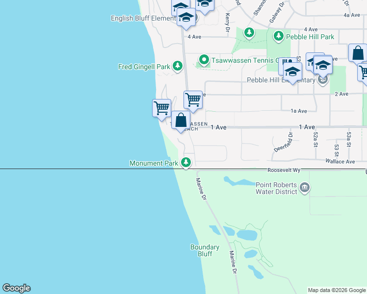 map of restaurants, bars, coffee shops, grocery stores, and more near 58 Tsawwassen Beach Road in Delta