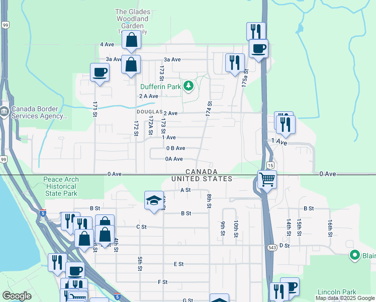 map of restaurants, bars, coffee shops, grocery stores, and more near 17366 0 B Avenue in Surrey