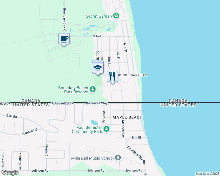 map of restaurants, bars, coffee shops, grocery stores, and more near 77 66A Street in Delta