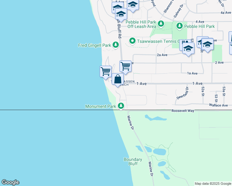 map of restaurants, bars, coffee shops, grocery stores, and more near 64 Tsawwassen Beach Road in Delta