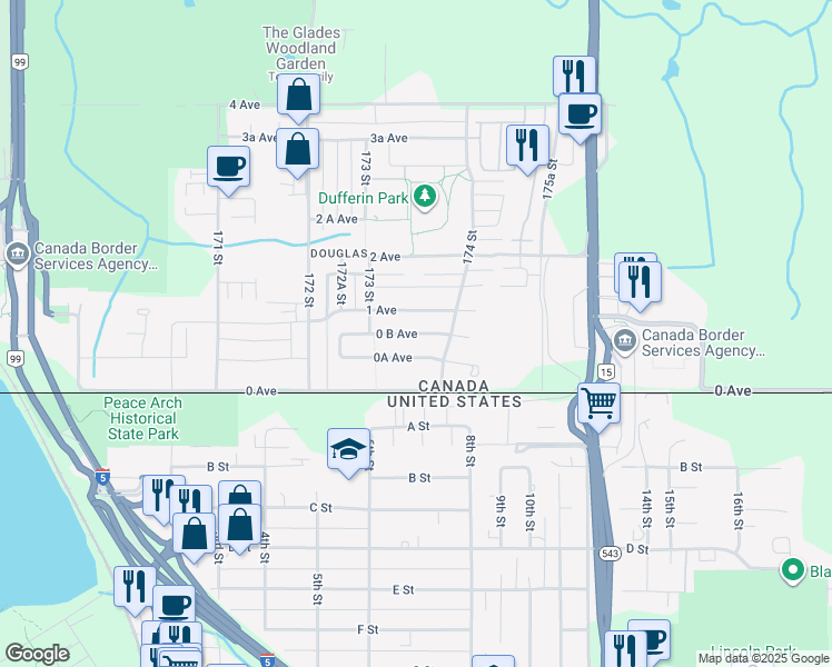 map of restaurants, bars, coffee shops, grocery stores, and more near 0 B Avenue in Surrey