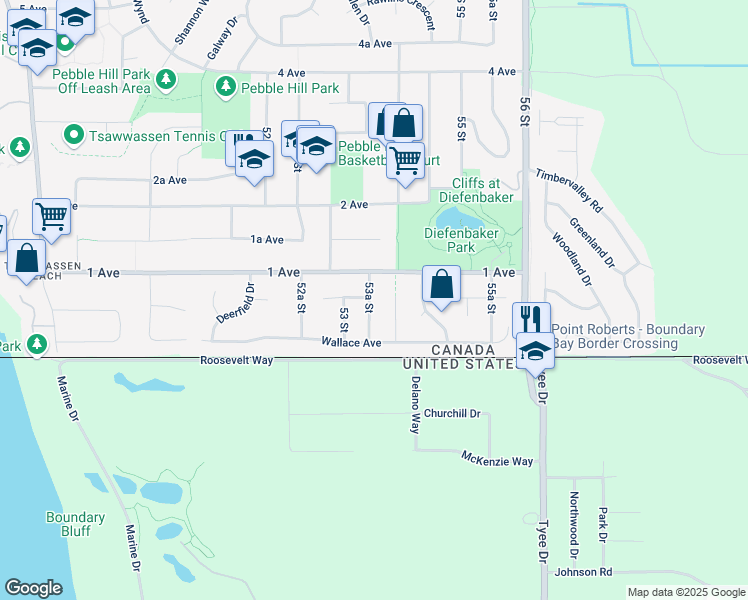 map of restaurants, bars, coffee shops, grocery stores, and more near 60 53A Street in Delta