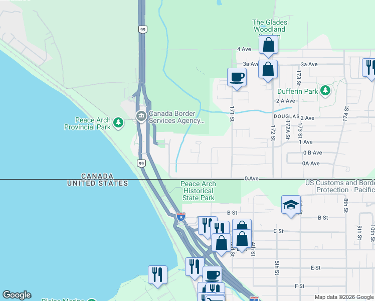 map of restaurants, bars, coffee shops, grocery stores, and more near in Surrey