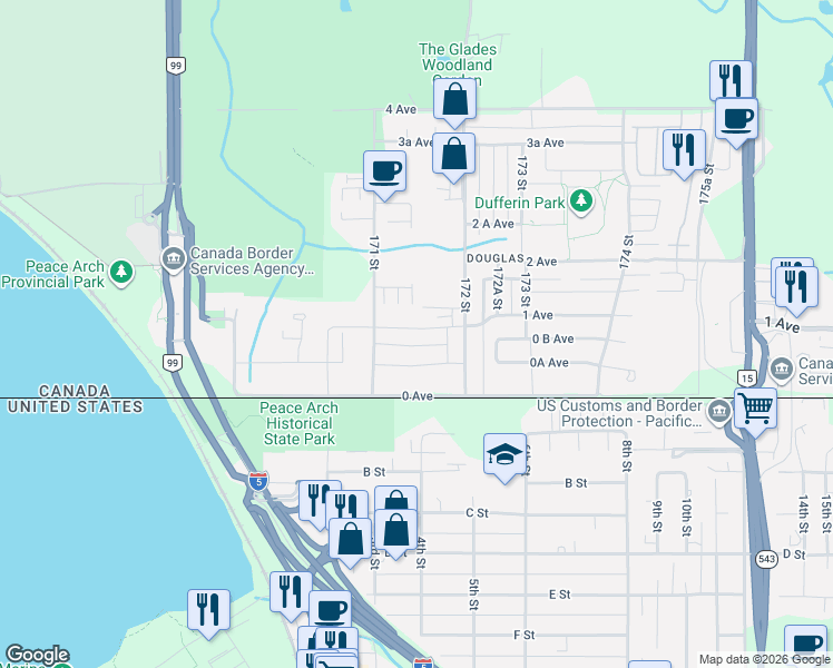 map of restaurants, bars, coffee shops, grocery stores, and more near 17156 1 Avenue in Surrey
