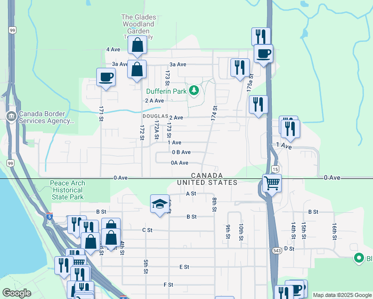 map of restaurants, bars, coffee shops, grocery stores, and more near 17343 0 B Avenue in Surrey