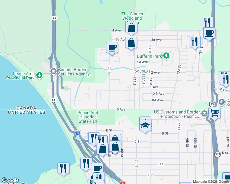 map of restaurants, bars, coffee shops, grocery stores, and more near in Surrey