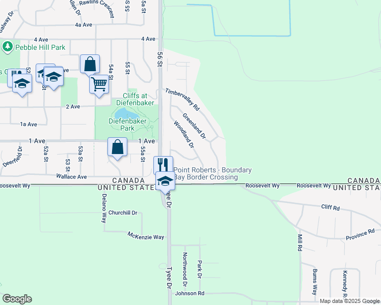 map of restaurants, bars, coffee shops, grocery stores, and more near 73 Woodland Drive in Delta