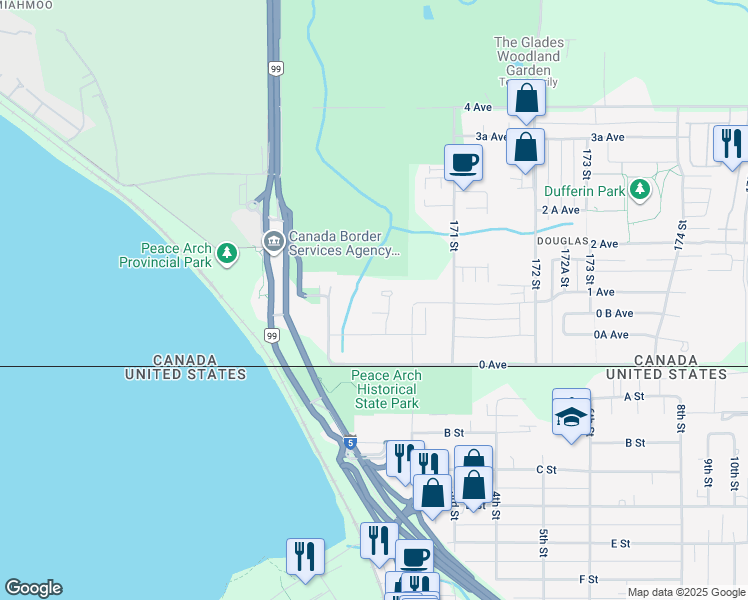 map of restaurants, bars, coffee shops, grocery stores, and more near 16933 1 Avenue in Surrey