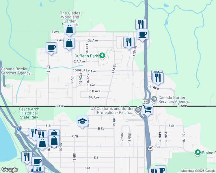 map of restaurants, bars, coffee shops, grocery stores, and more near 17388 1 Avenue in Surrey