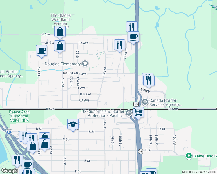 map of restaurants, bars, coffee shops, grocery stores, and more near 17433 1 Avenue in Surrey