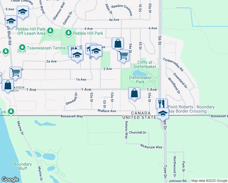 map of restaurants, bars, coffee shops, grocery stores, and more near 90 53A Street in Delta