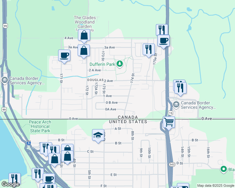 map of restaurants, bars, coffee shops, grocery stores, and more near 17349 1 Avenue in Surrey