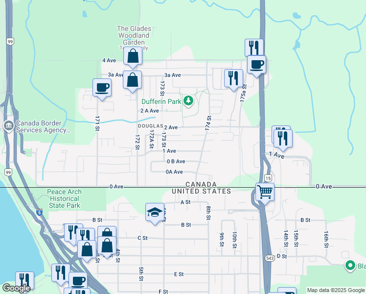 map of restaurants, bars, coffee shops, grocery stores, and more near 17343 1 Avenue in Surrey