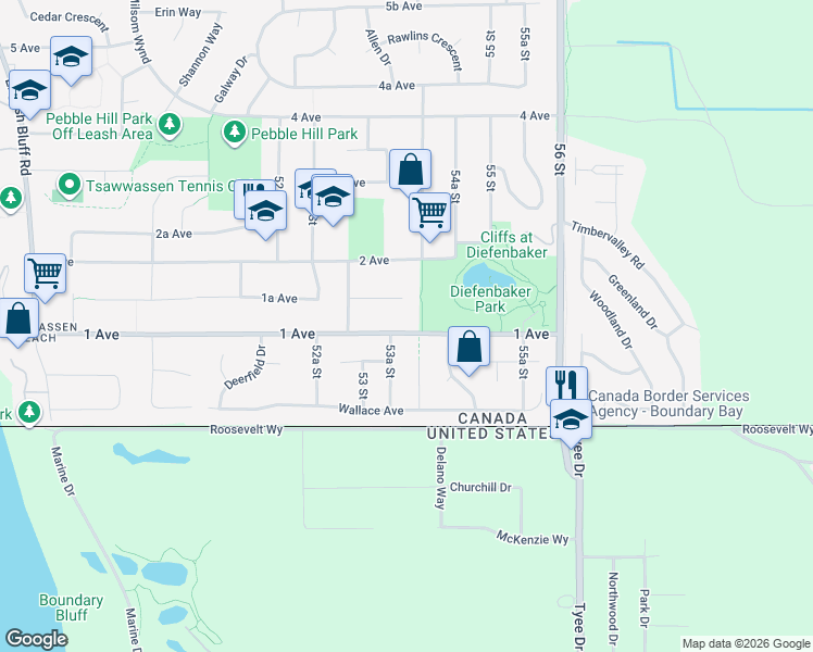 map of restaurants, bars, coffee shops, grocery stores, and more near 5379 1 Avenue in Delta