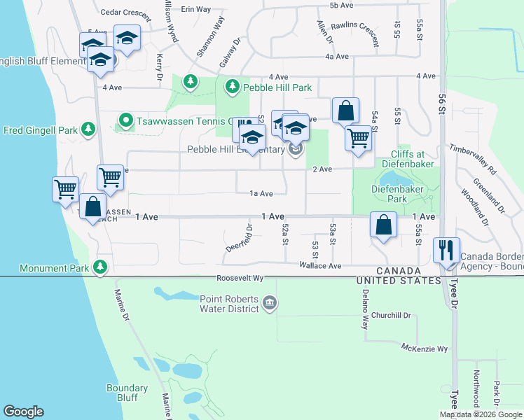 map of restaurants, bars, coffee shops, grocery stores, and more near 5201 1 Avenue in Delta