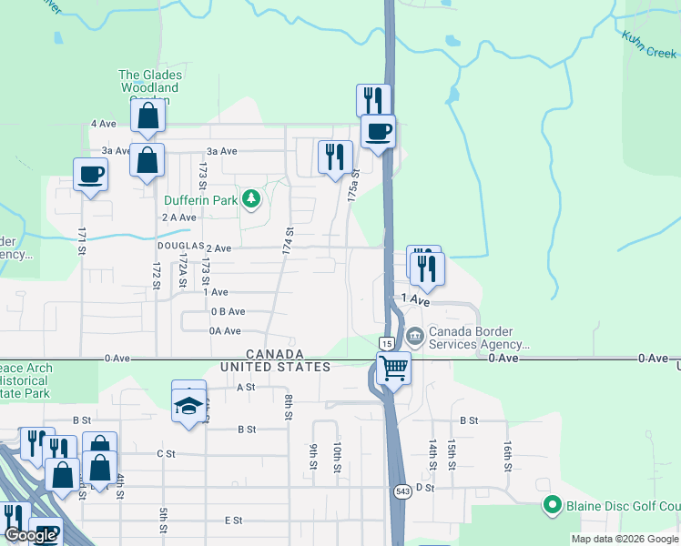 map of restaurants, bars, coffee shops, grocery stores, and more near 163 175A Street in Surrey