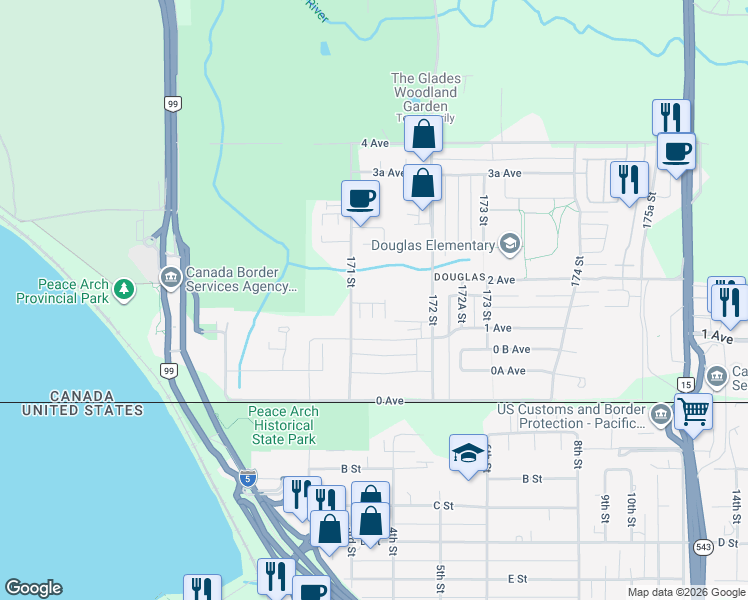 map of restaurants, bars, coffee shops, grocery stores, and more near 158 171 Street in Surrey