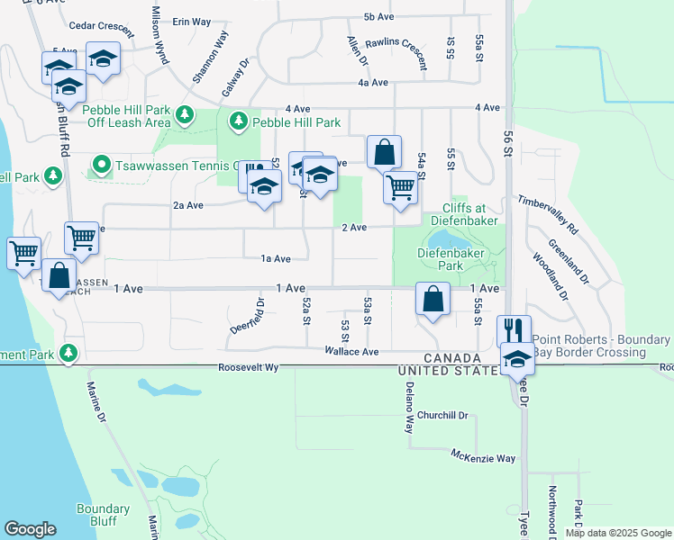 map of restaurants, bars, coffee shops, grocery stores, and more near 128 53 Street in Delta