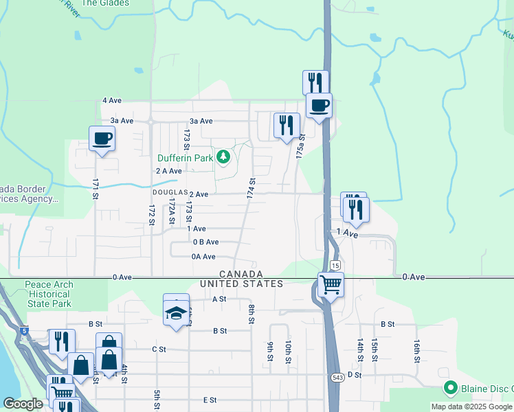 map of restaurants, bars, coffee shops, grocery stores, and more near 17421 1A Avenue in Surrey