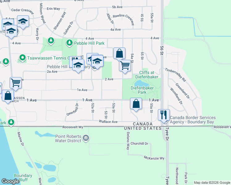 map of restaurants, bars, coffee shops, grocery stores, and more near 5368 1A Avenue in Delta