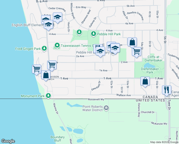 map of restaurants, bars, coffee shops, grocery stores, and more near 5116 1A Avenue in Delta