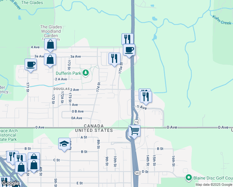 map of restaurants, bars, coffee shops, grocery stores, and more near 17501 2 Avenue in Surrey