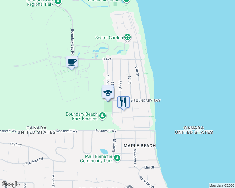 map of restaurants, bars, coffee shops, grocery stores, and more near 173 66A Street in Delta