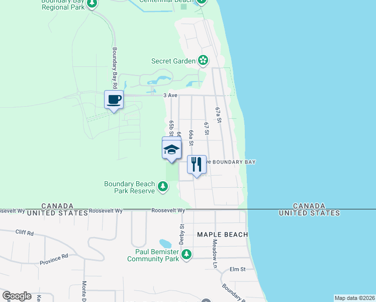 map of restaurants, bars, coffee shops, grocery stores, and more near 173 66A Street in Delta