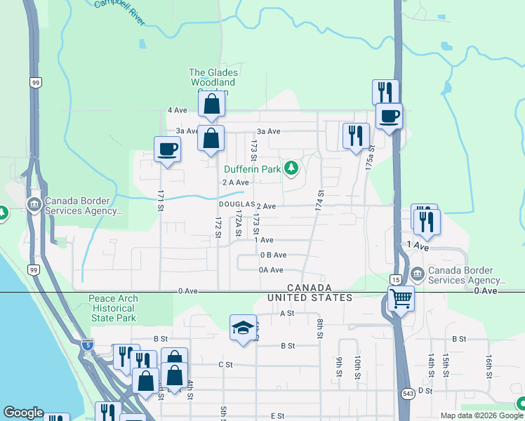 map of restaurants, bars, coffee shops, grocery stores, and more near 17308 2 Avenue in Surrey