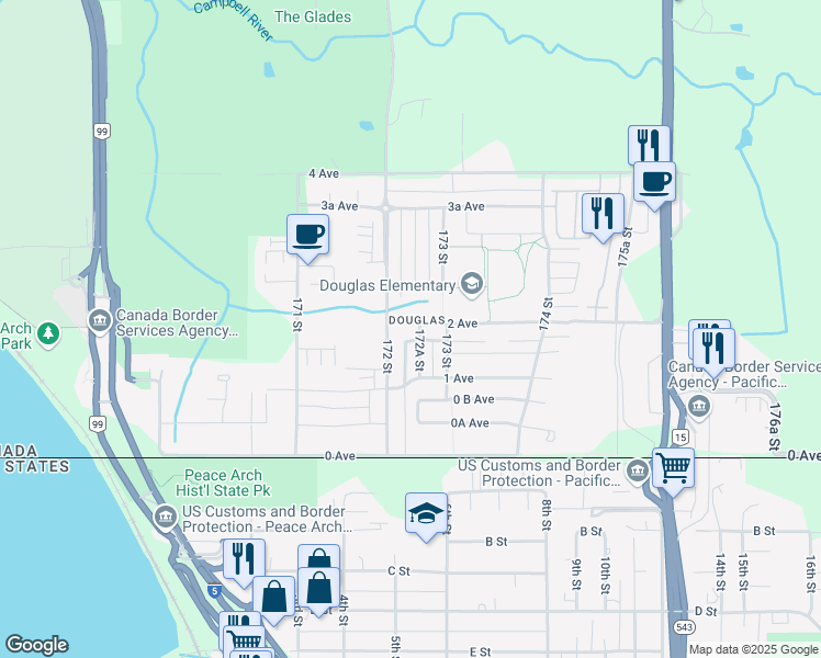 map of restaurants, bars, coffee shops, grocery stores, and more near 17238 2 Avenue in Surrey