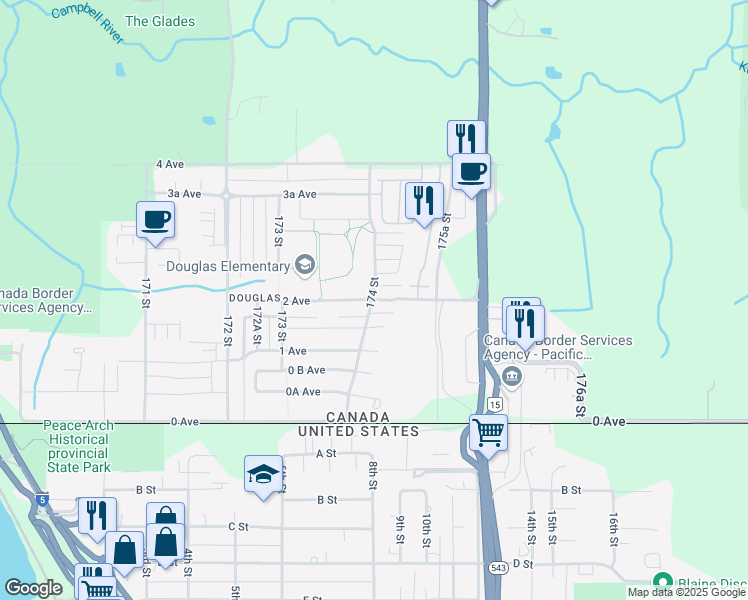 map of restaurants, bars, coffee shops, grocery stores, and more near 17402 2 Avenue in Surrey
