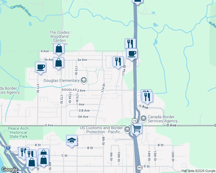 map of restaurants, bars, coffee shops, grocery stores, and more near 2A Avenue in Surrey