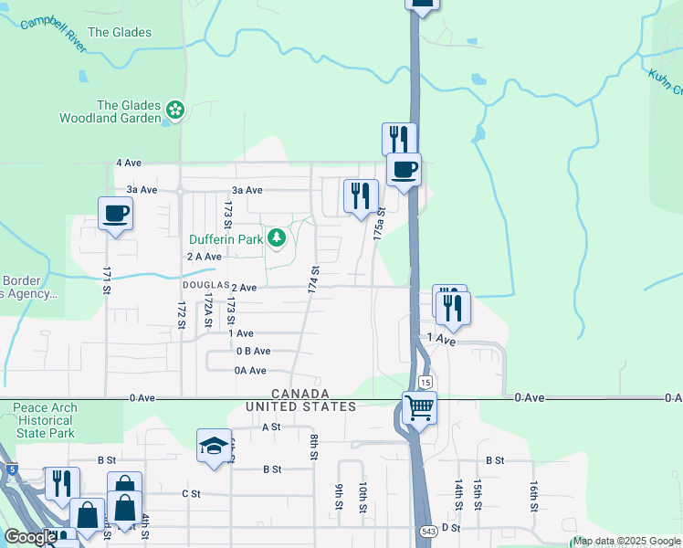 map of restaurants, bars, coffee shops, grocery stores, and more near 2A Avenue in Surrey