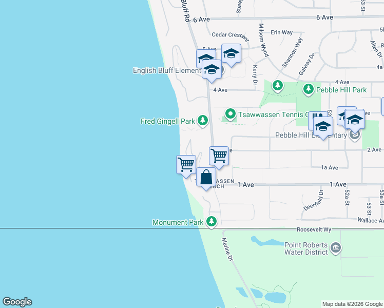 map of restaurants, bars, coffee shops, grocery stores, and more near 188 Tsawwassen Beach Road in Delta