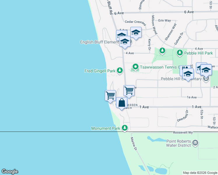map of restaurants, bars, coffee shops, grocery stores, and more near 188 Tsawwassen Beach Road in Delta