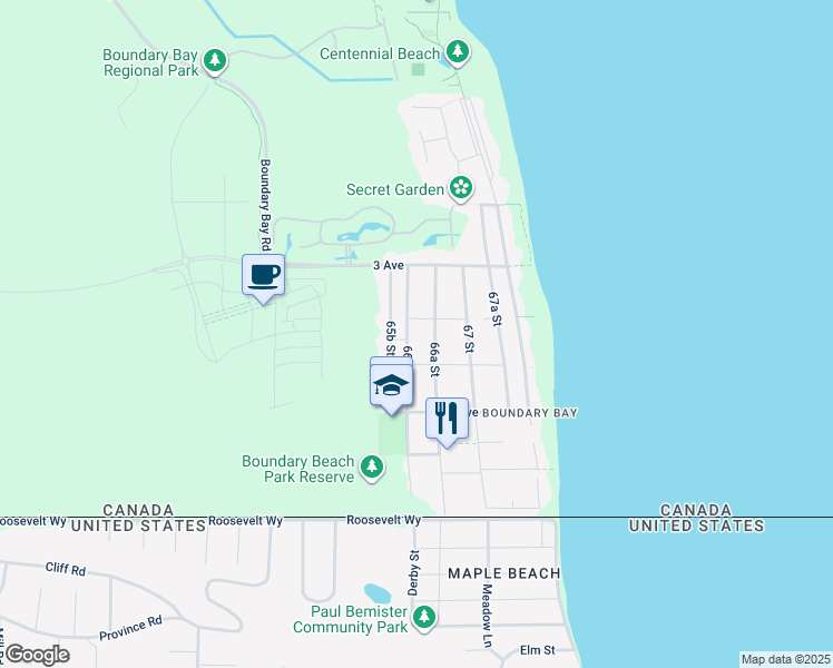 map of restaurants, bars, coffee shops, grocery stores, and more near 244 66 Street in Delta