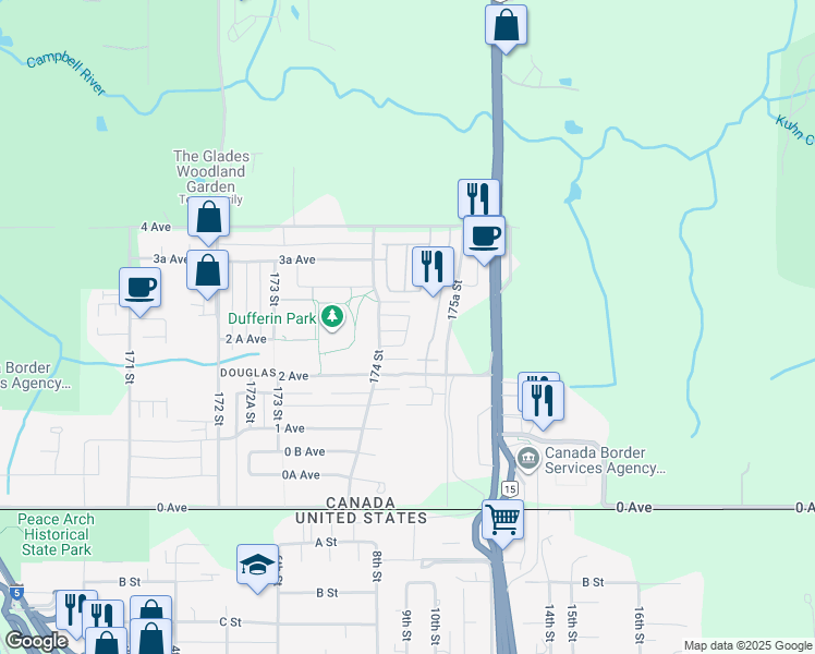 map of restaurants, bars, coffee shops, grocery stores, and more near 266 174 A Street in Surrey