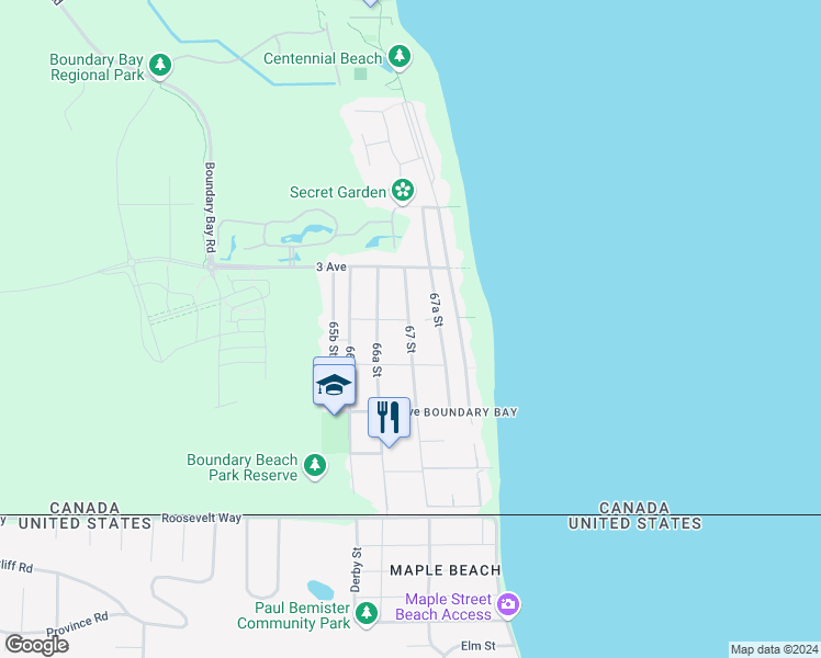 map of restaurants, bars, coffee shops, grocery stores, and more near 242 67 Street in Delta