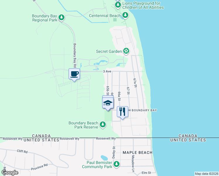 map of restaurants, bars, coffee shops, grocery stores, and more near 245 66 Street in Delta