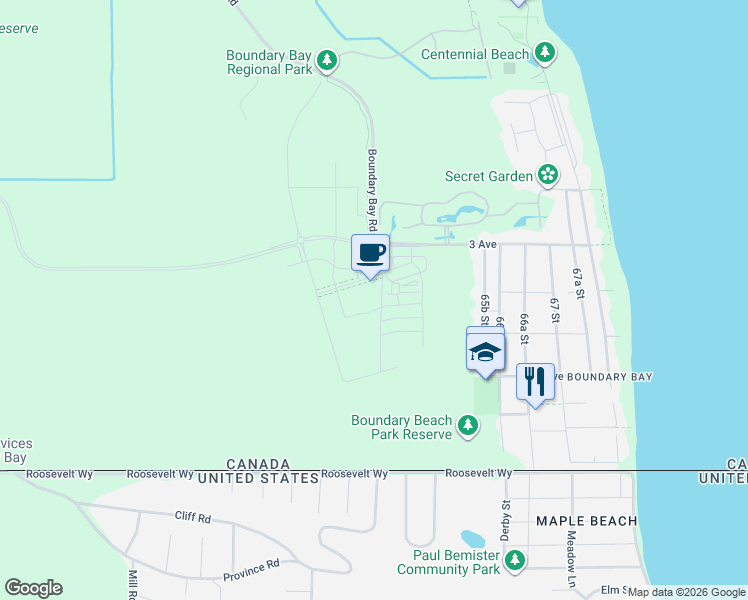 map of restaurants, bars, coffee shops, grocery stores, and more near 251 Boundary Bay Road in Delta