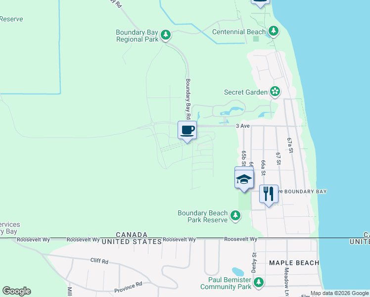 map of restaurants, bars, coffee shops, grocery stores, and more near 251 Boundary Bay Road in Delta